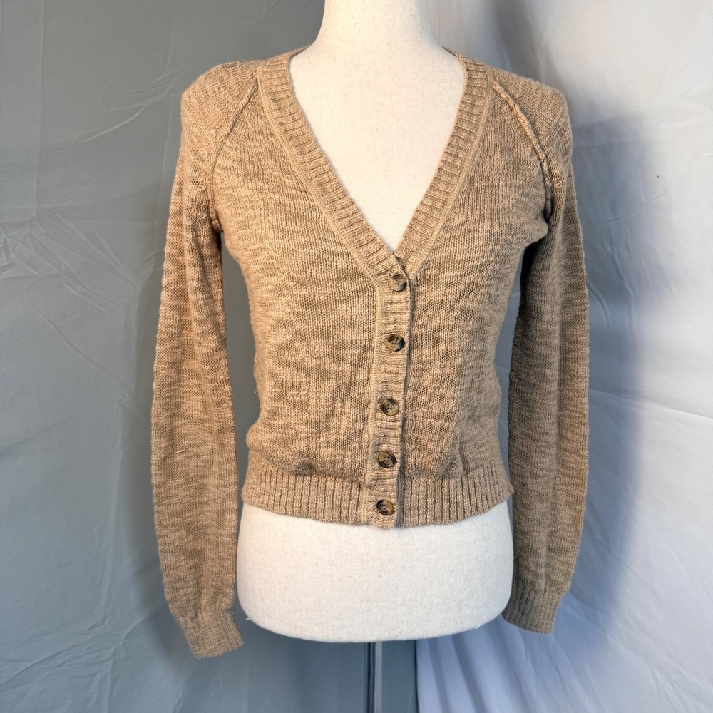 Mossimo Cardigan Sweater Women XS Tan V-Neck Button Front Pointelle Back Cropped